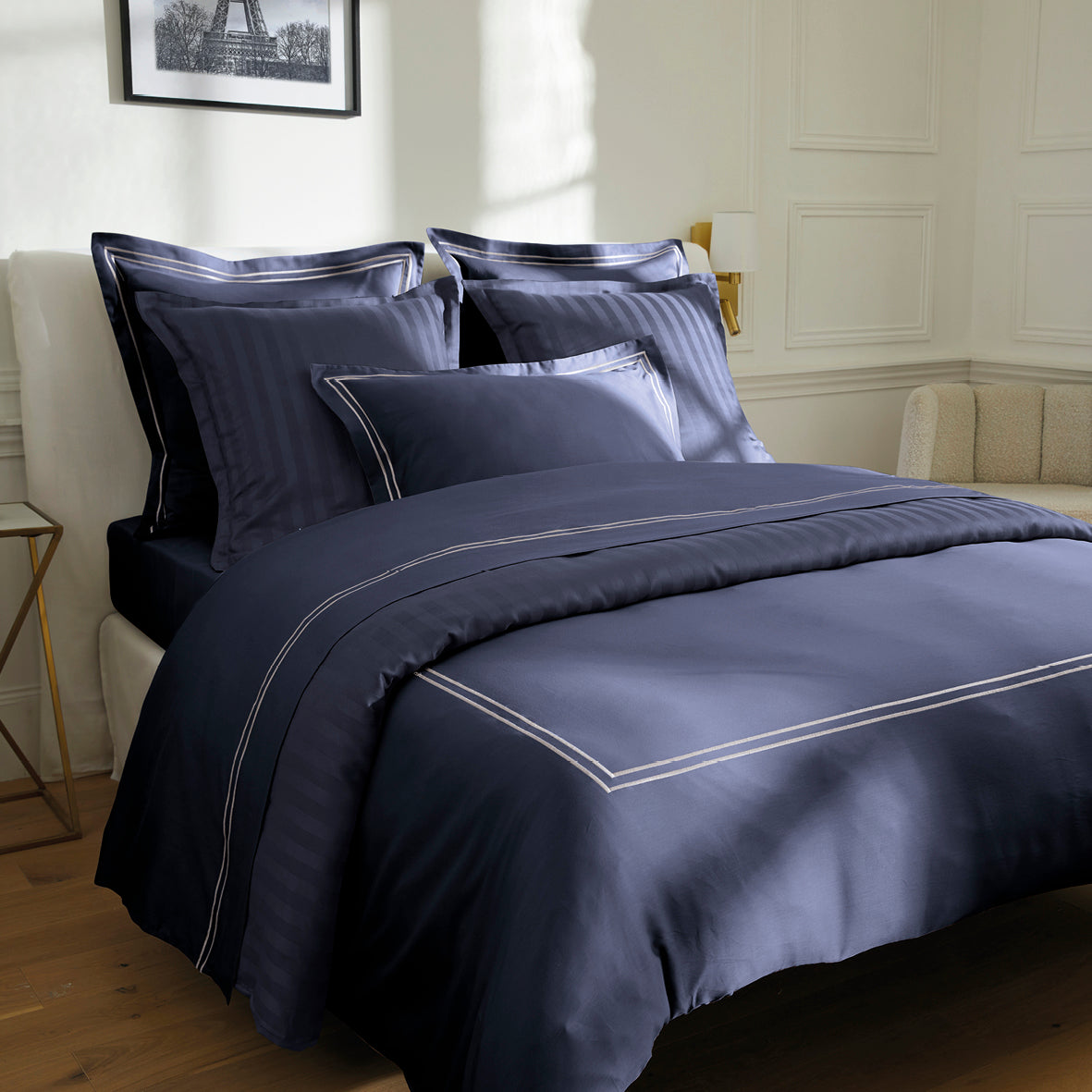 Duvet cover + pillowcase(s) cotton satin - Saint-Tropez White / Dark blue