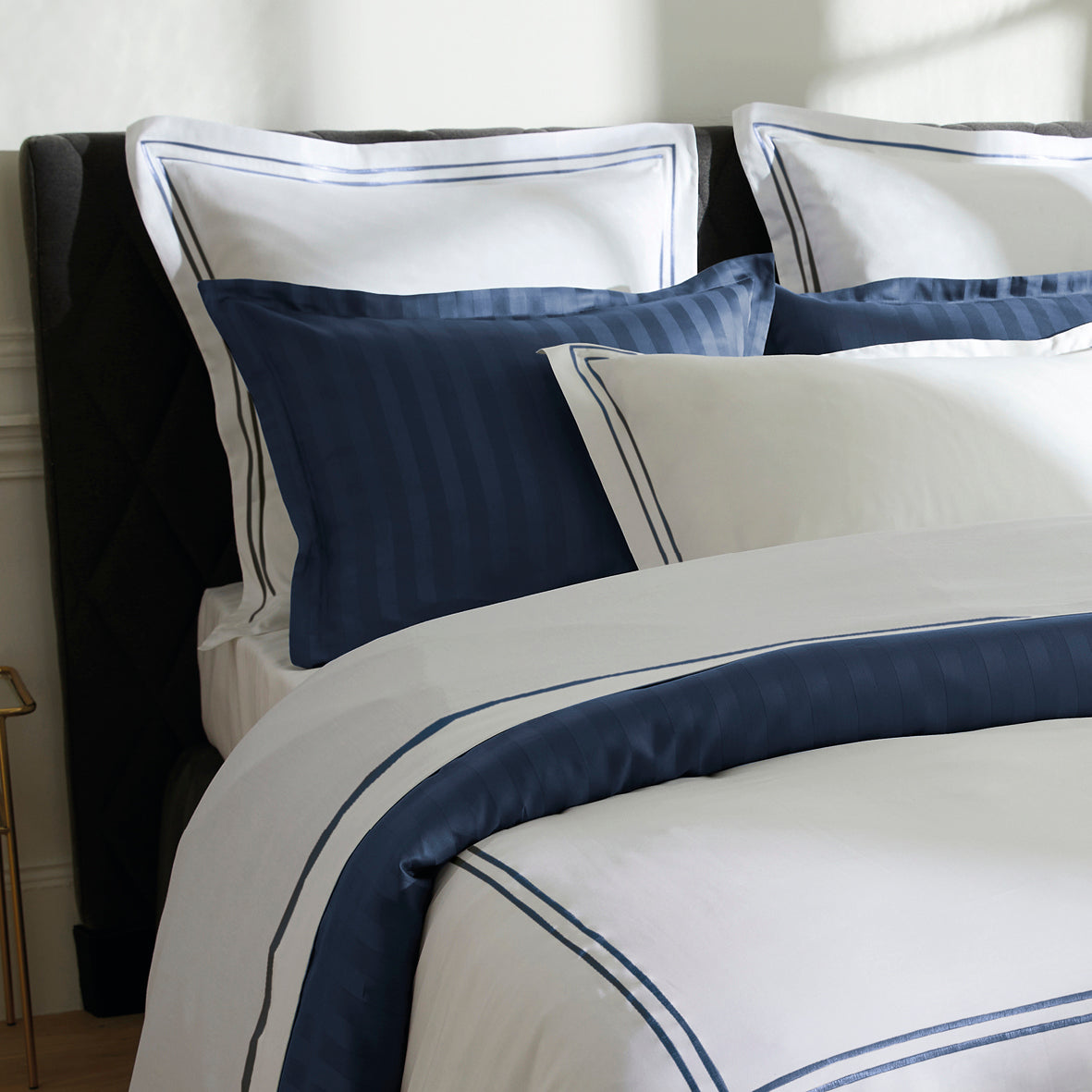 Housse de couette + taie(s) d'oreiller satin de coton Saint-Tropez Bleu foncé / Blanc