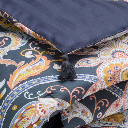 Quilt with tassels Paisley Dark blue / Gold - 140 x 200 cm