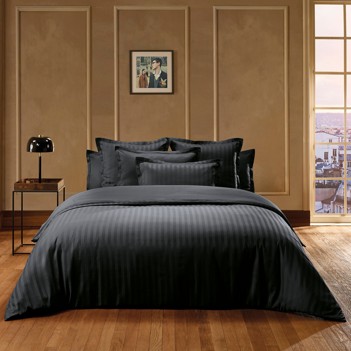 Duvet cover + pillowcase(s) cotton satin - Jacquard woven - dobby stripe black