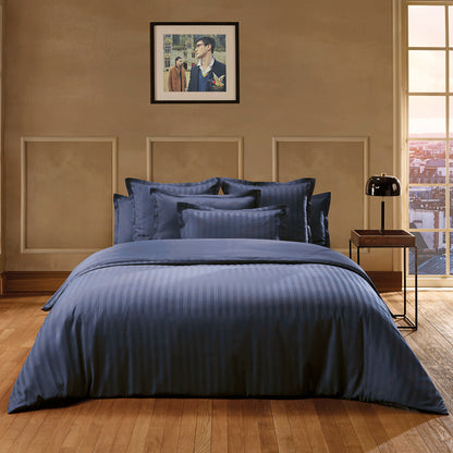 Duvet cover + pillowcase(s) cotton satin - Jacquard woven - dobby stripe dark blue