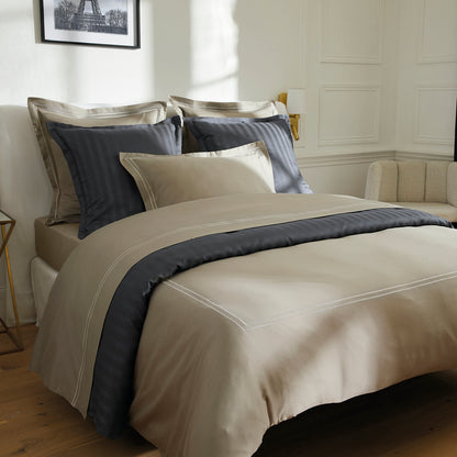 Duvet cover + pillowcase(s) cotton satin - Saint-Tropez White / Taupe