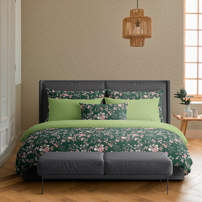 Housse de couette + taie(s) d'oreiller satin de coton - Murmure floral Vert