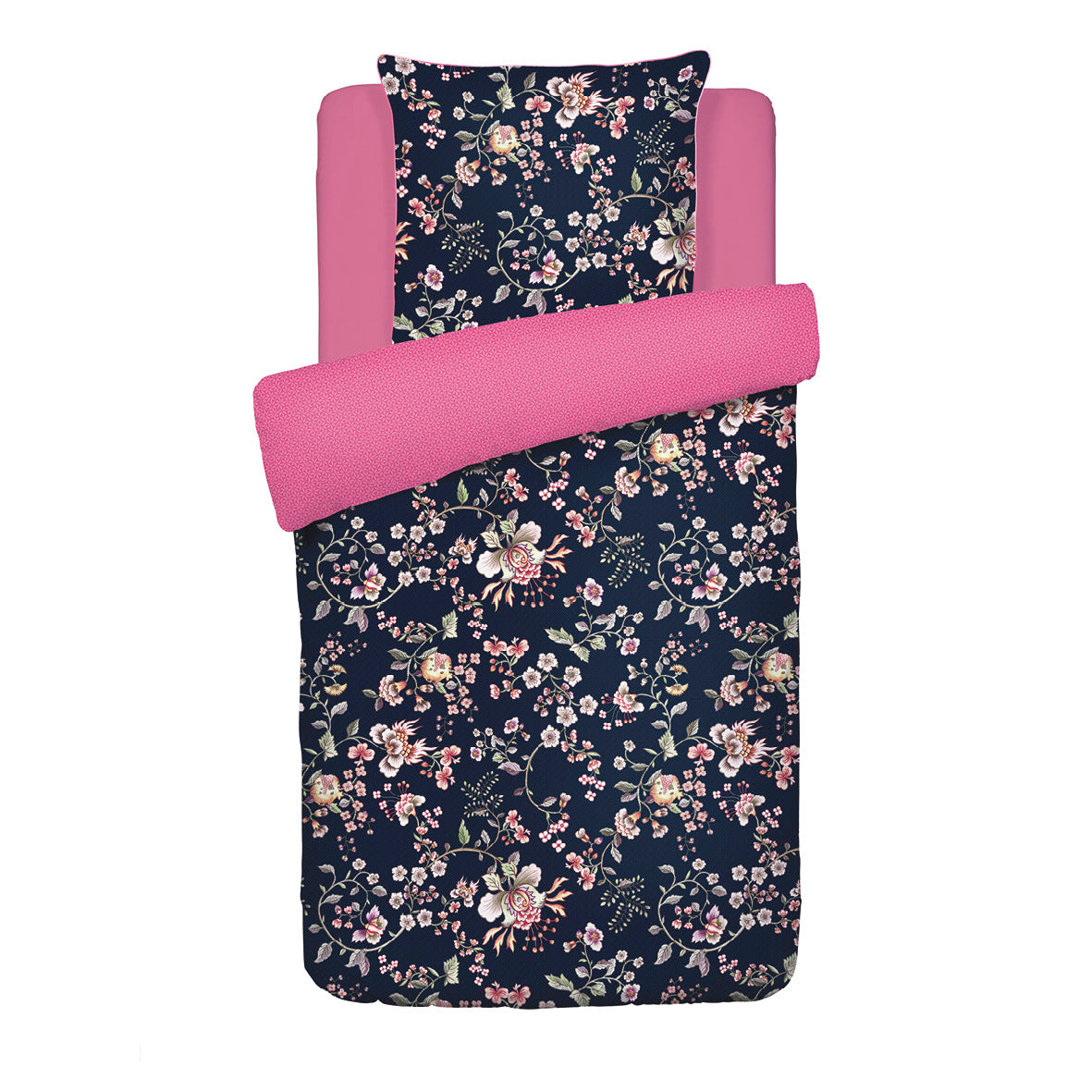 Duvet cover + pillowcase(s) cotton satin - Murmure floral Dark blue / Pink