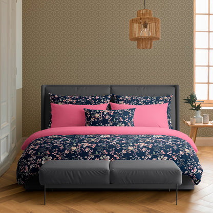 Duvet cover + pillowcase(s) cotton satin - Murmure floral Dark blue / Pink