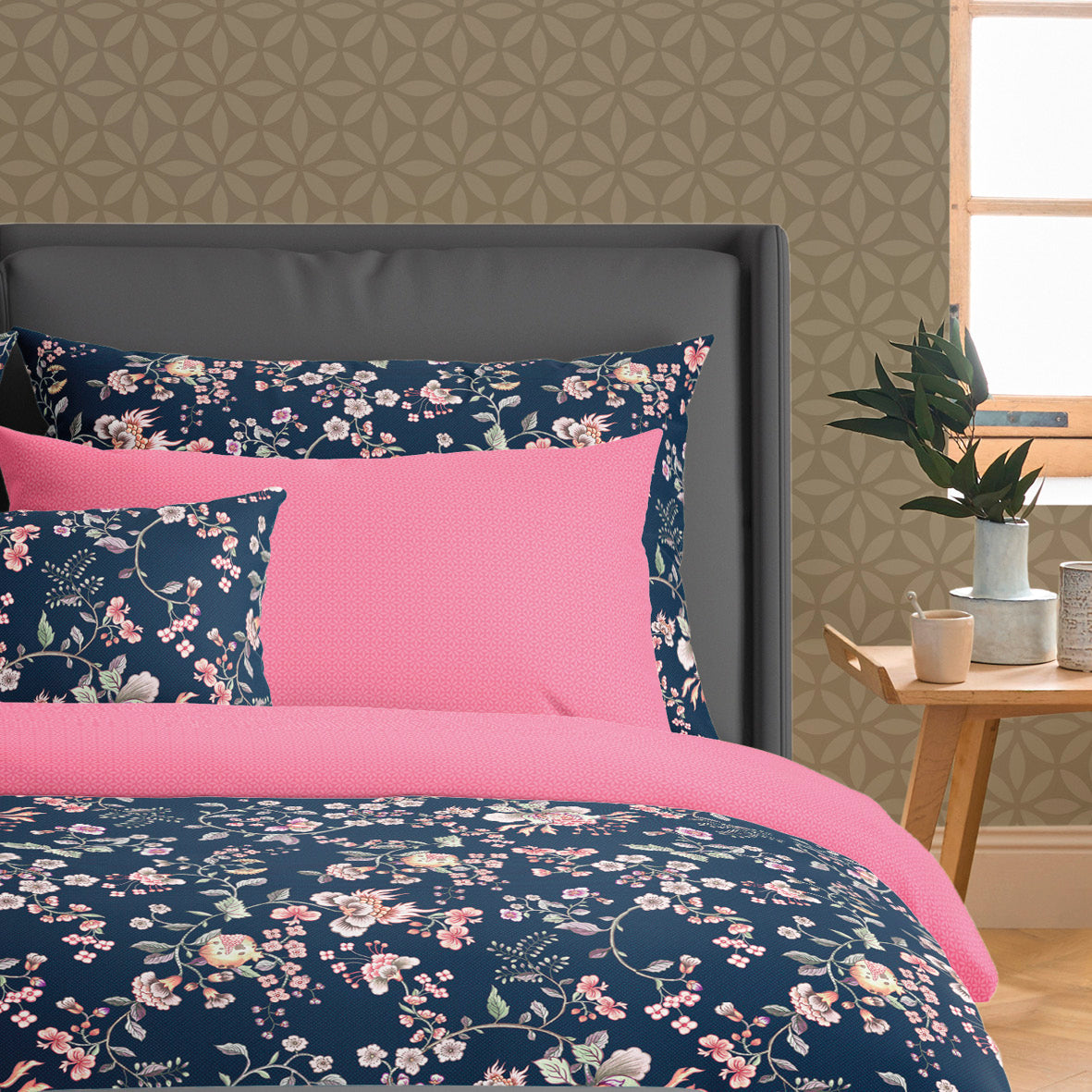 Duvet cover + pillowcase(s) cotton satin - Murmure floral Dark blue / Pink