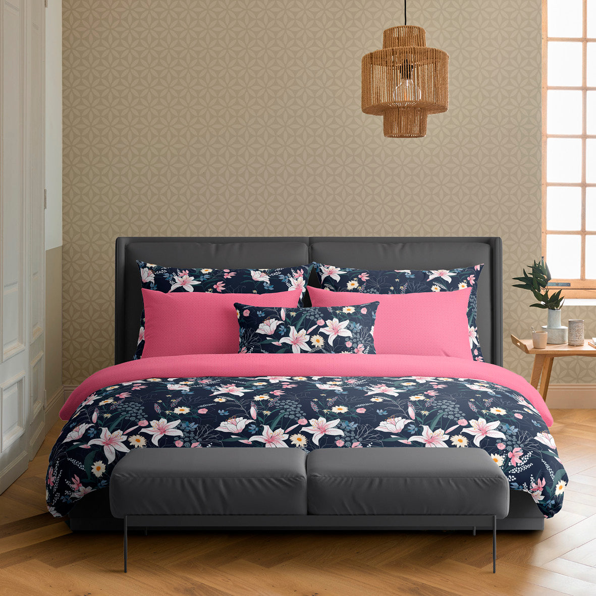 Pillowcase(s) cotton satin - Jardin rêveur Dark blue / Pink