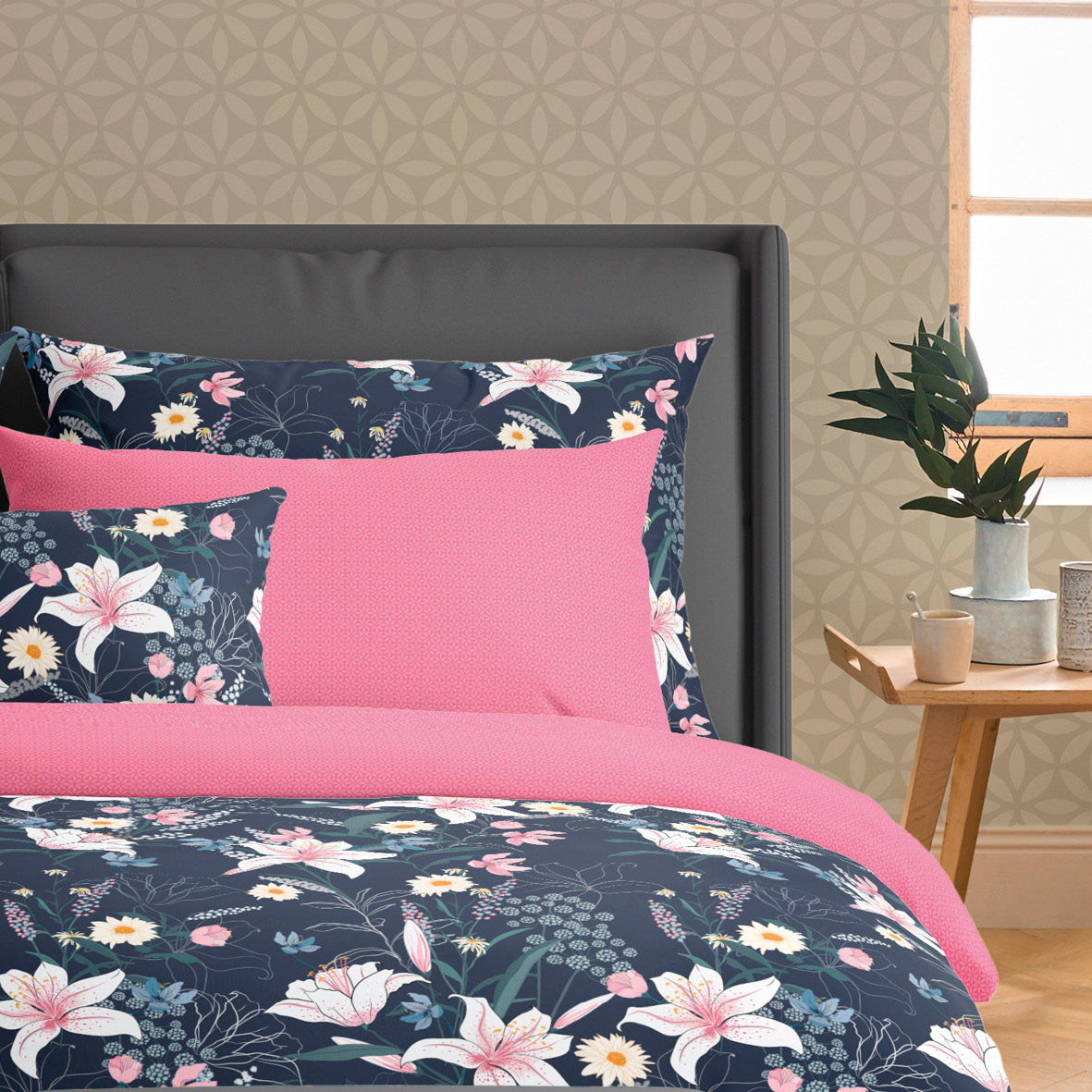 Pillowcase(s) cotton satin - Jardin rêveur Dark blue / Pink