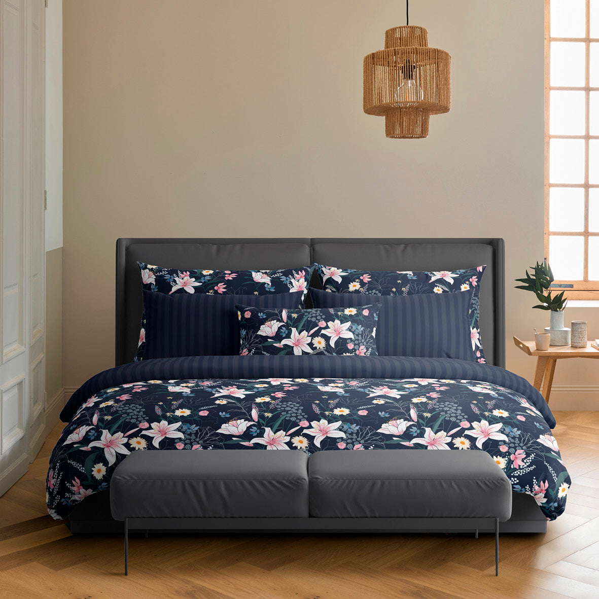 Duvet cover + pillowcase(s) cotton satin - Jardin rêveur Dark blue