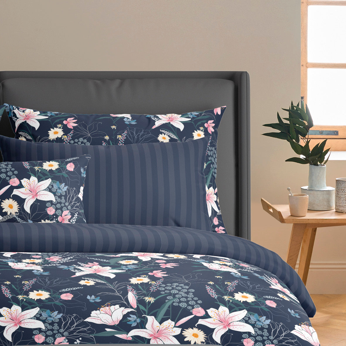 Duvet cover + pillowcase(s) cotton satin - Jardin rêveur Dark blue