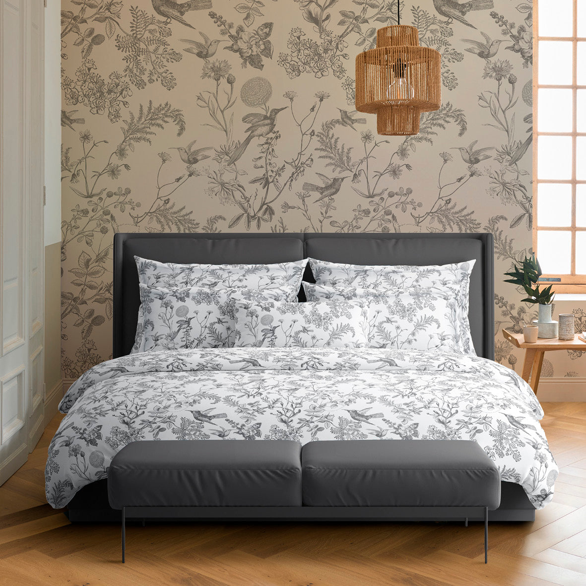 Duvet cover + pillowcase(s) cotton satin - Colibri Botanique Black grey