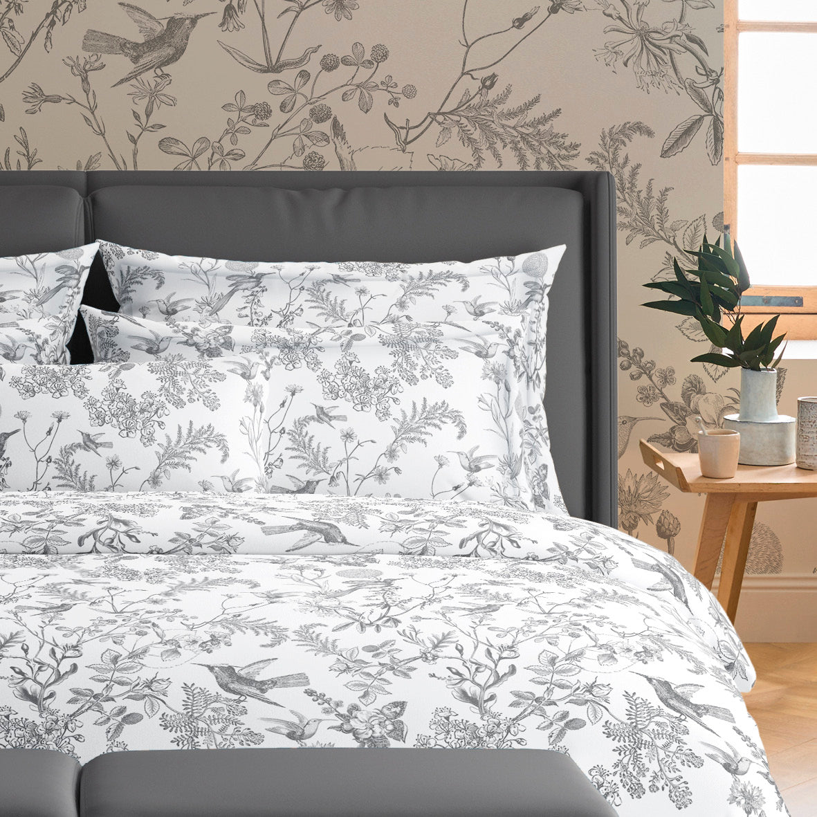 Duvet cover + pillowcase(s) cotton satin - Colibri Botanique Black grey