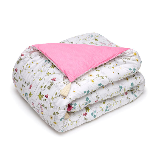 Quilt with tassels Fleurs sauvages White / Pink - 140 x 200 cm