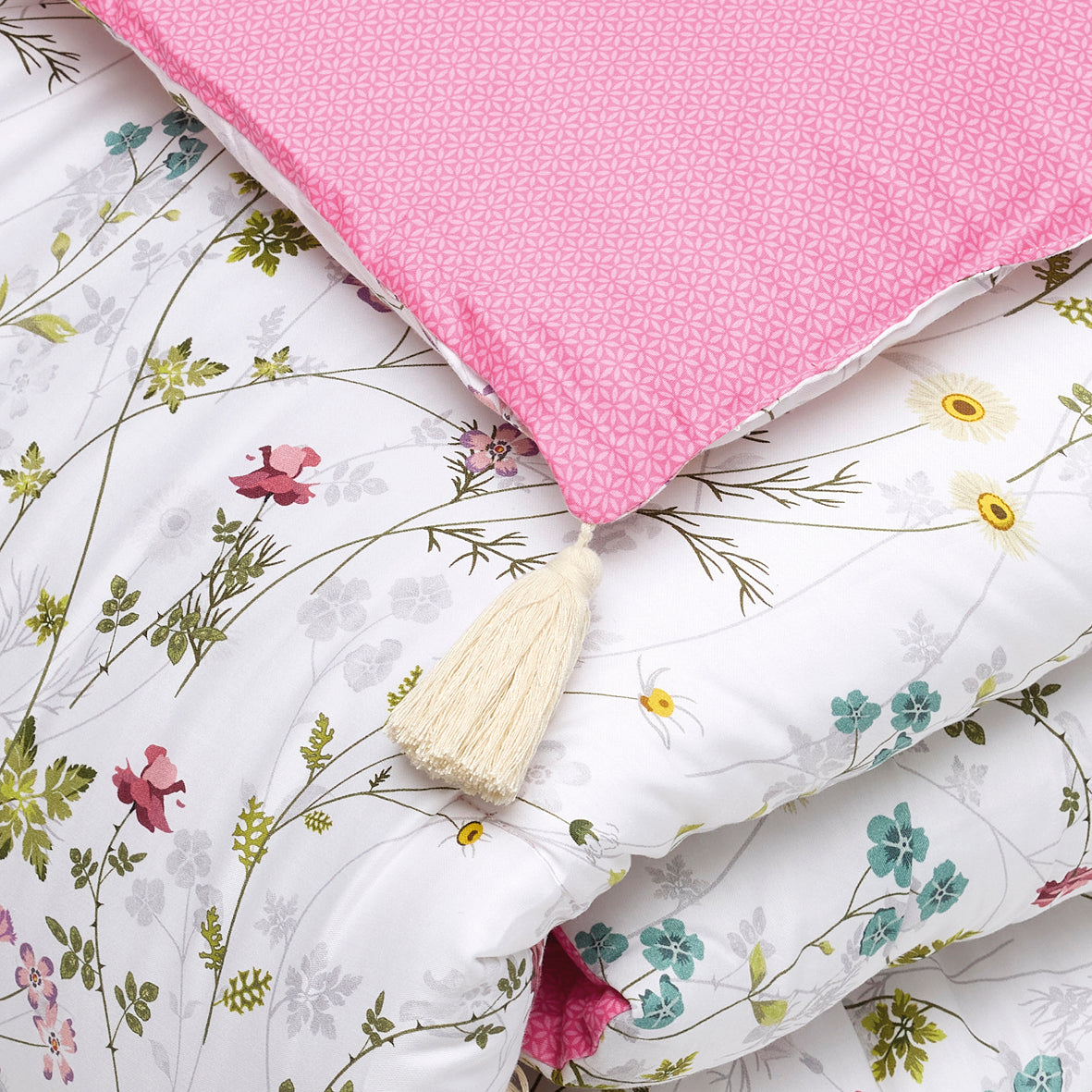 Quilt with tassels Fleurs sauvages White / Pink - 140 x 200 cm