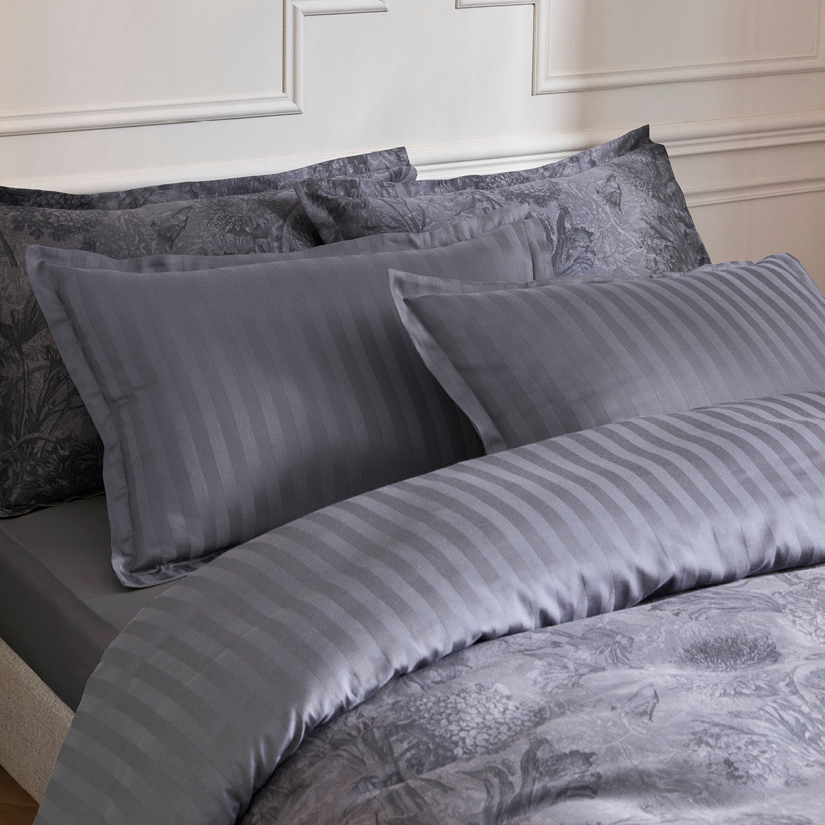 Flat sheet cotton satin - Toile Fleurie Dark grey