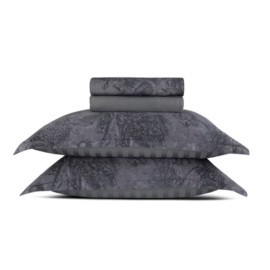 Sheet set cotton satin - Toile Fleurie Dark grey