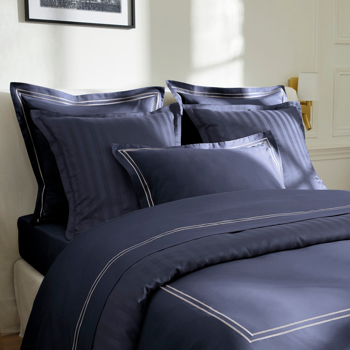 Duvet cover + pillowcase(s) cotton satin - Nice White / Dark blue