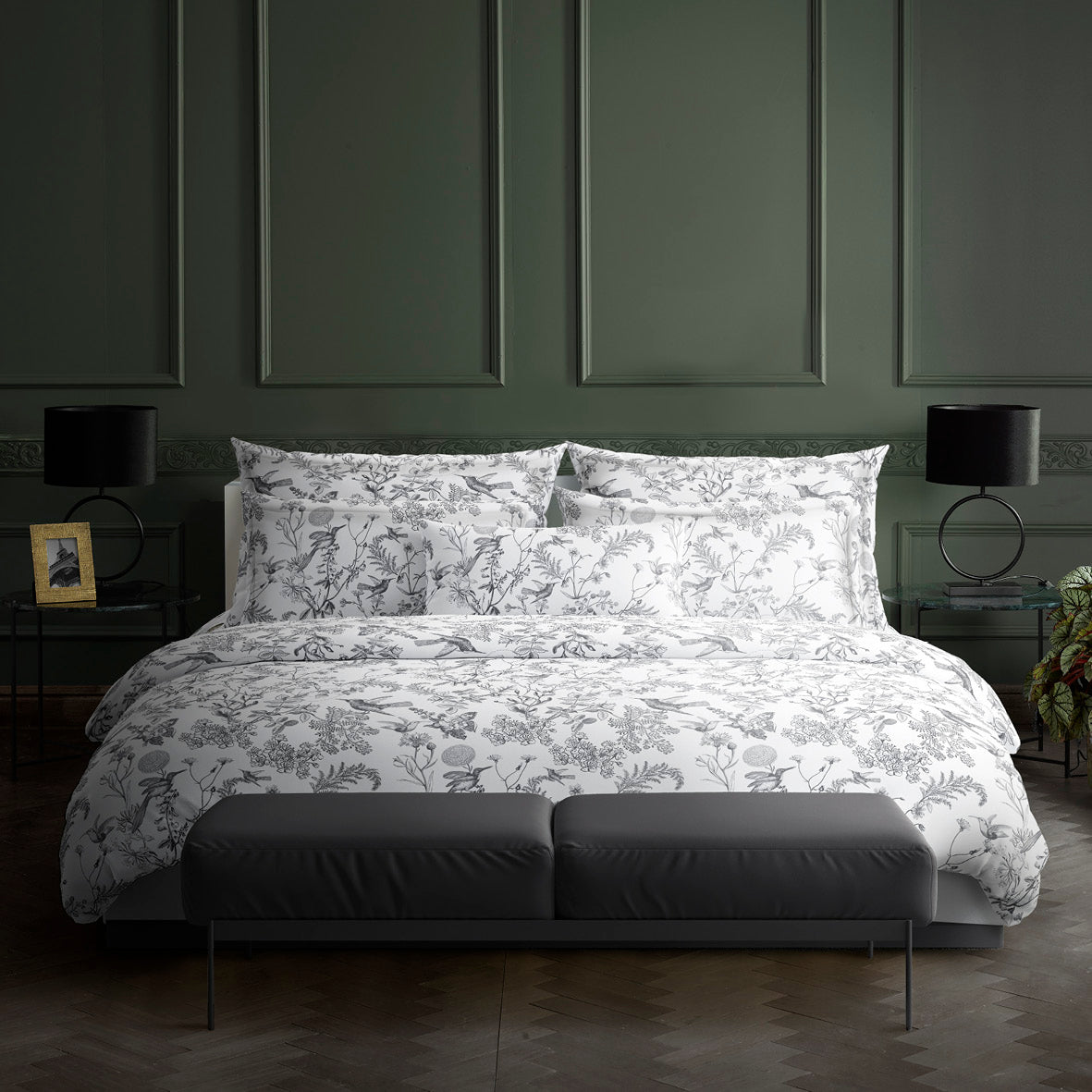 Duvet cover + pillowcase(s) cotton satin - Colibri Floral Black grey