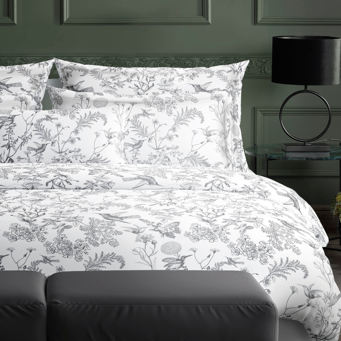 Duvet cover + pillowcase(s) cotton satin - Colibri Floral Black grey