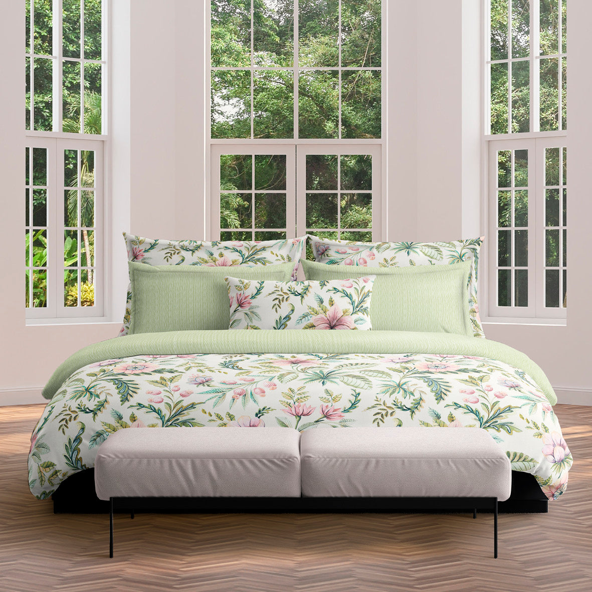 Duvet cover + pillowcase(s) cotton satin - Fleurs de la forêt Green