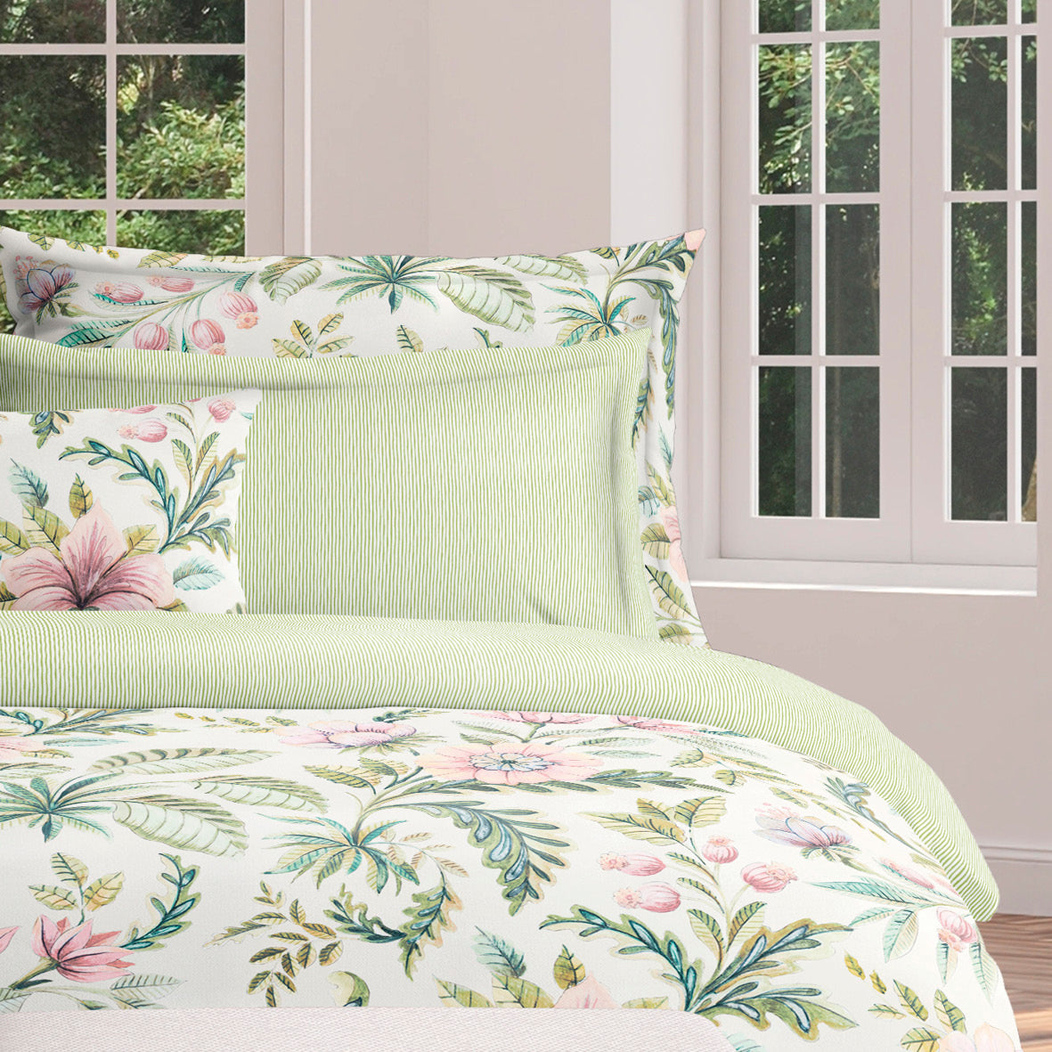 Duvet cover + pillowcase(s) cotton satin - Fleurs de la forêt Green