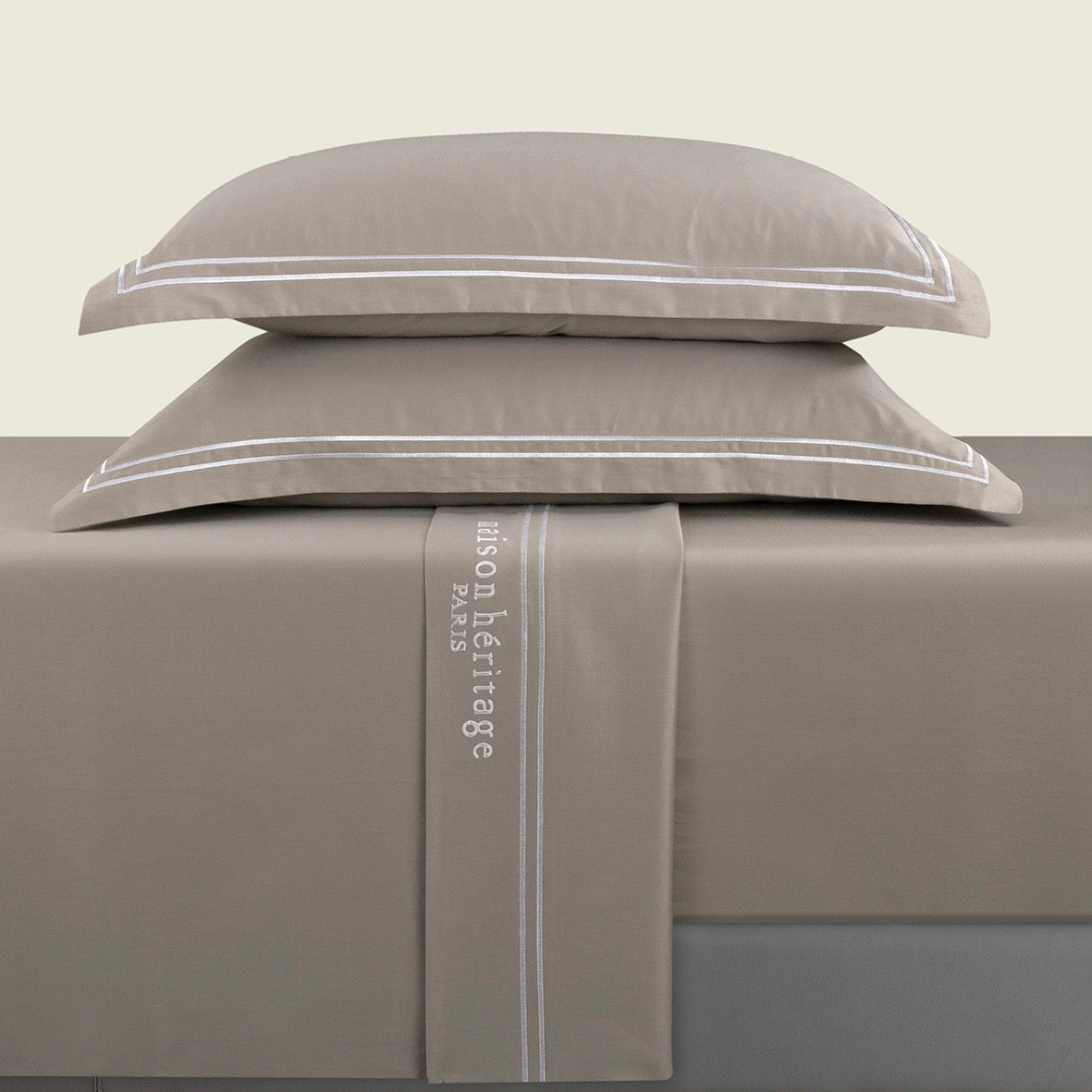 Sheet set cotton satin - Paris White / Taupe