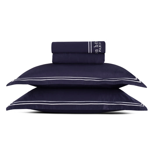 Sheet set cotton satin - Paris White / Dark blue