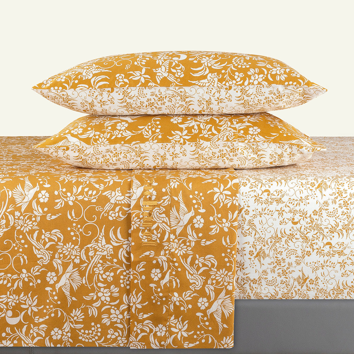 Sheet set : fitted sheet, flat sheet, pillowcase(s) in satin cotton - Birds yellow