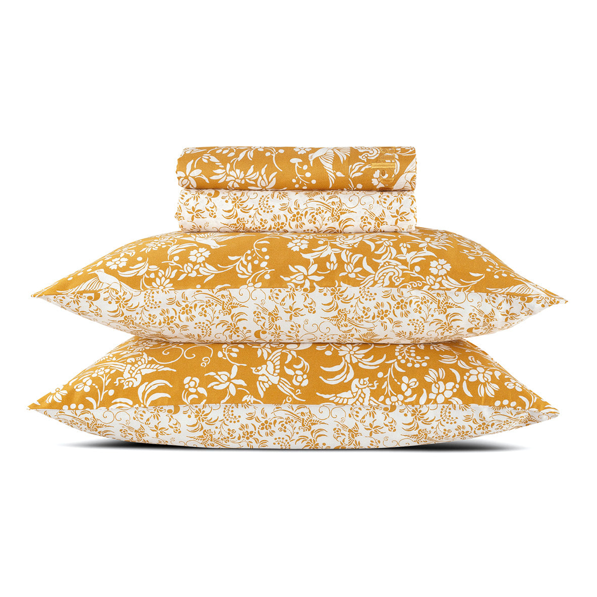 Sheet set : fitted sheet, flat sheet, pillowcase(s) in satin cotton - Birds yellow Drap plat : 230 x 290 cm Drap-housse : 170 180 x 190 200 cm