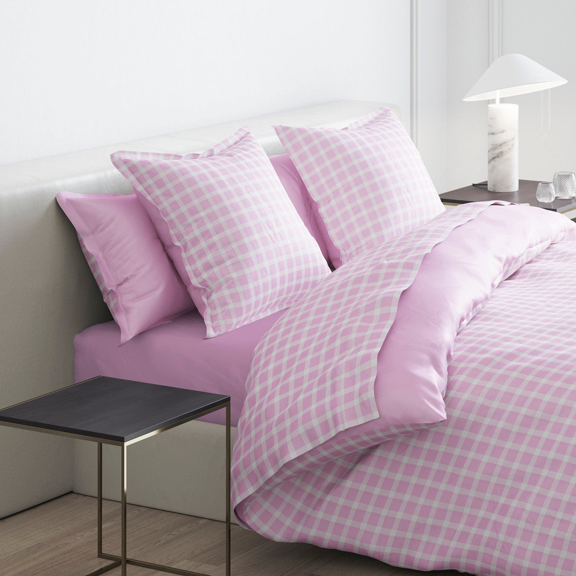 Duvet cover + pillowcase cotton satin - Les Carreaux d'Eléna Pink