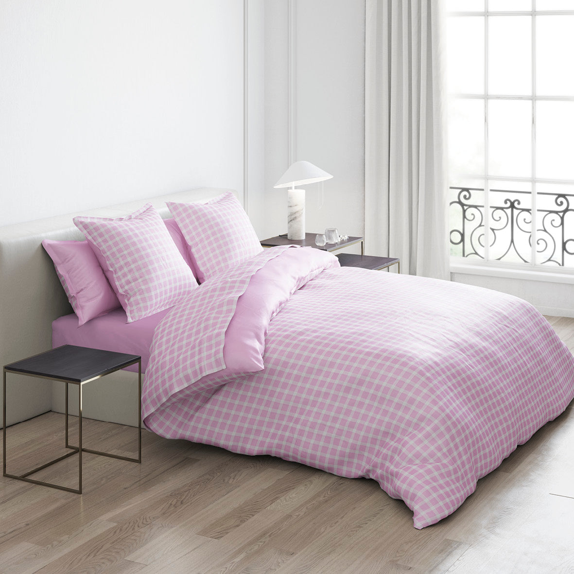 Duvet cover + pillowcase cotton satin - Les Carreaux d'Eléna Pink