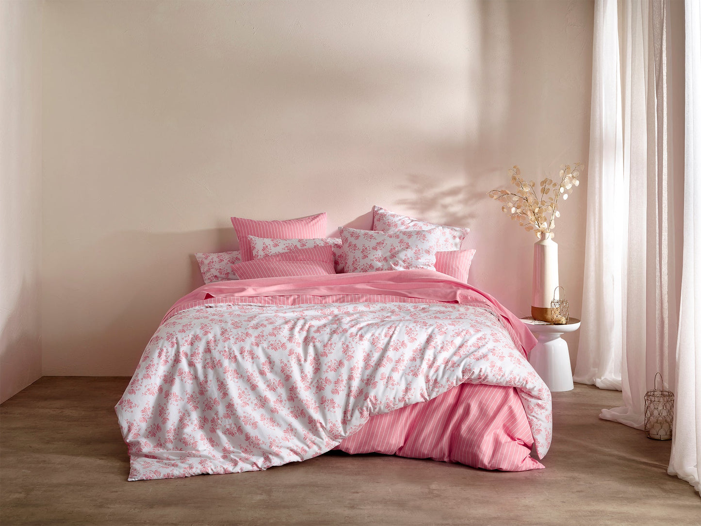 Duvet cover linen / cotton + 2 pillowcases - Roses pink