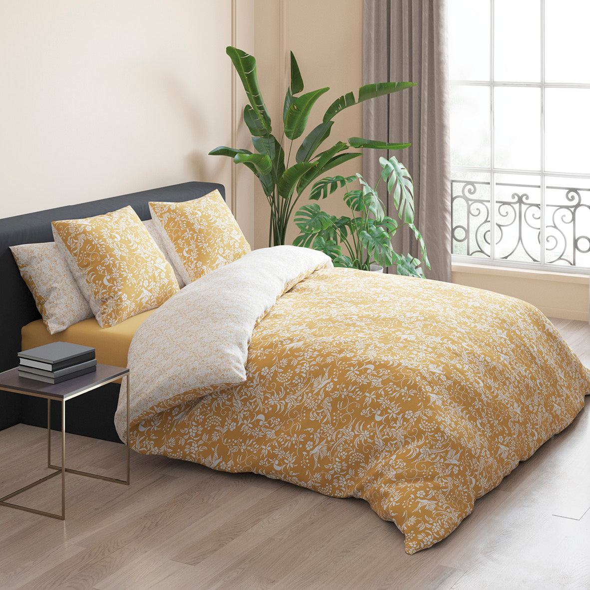 Duvet cover cotton satin - Birds Yellow