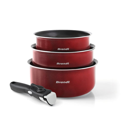 Set of 3 sauce pans with removable handle Red