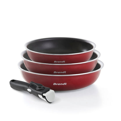 Set of 3 frypans with removable handle Red