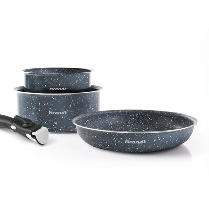 Set of 2 saucepans 16 + 20 cm and 1 skillet 24 cm with removable handle Grey marble