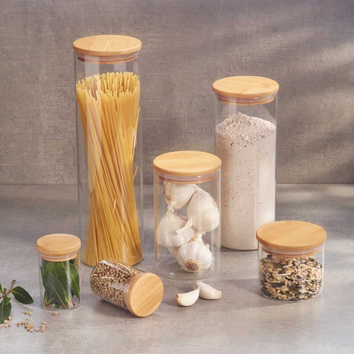 Set of 7 glass jars with bamboo lid - transparent and green - 0.32 l -> 1.5l