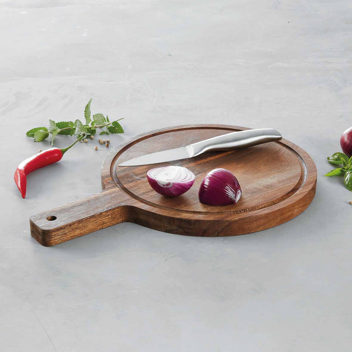 Round cutting board with handle - Acacia - Wood