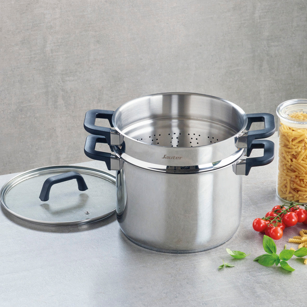 Pasta pot with insert Qulinox - Triple Bottom - Stainless steel - with lid - Silver