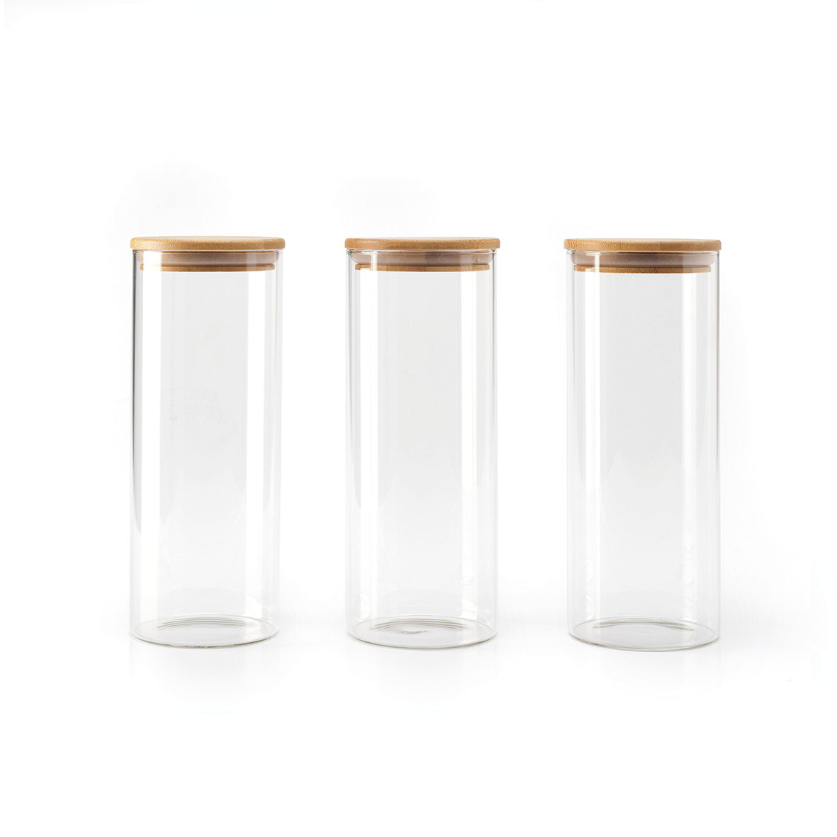 Set of 3 round glass canisters with bamboo lid