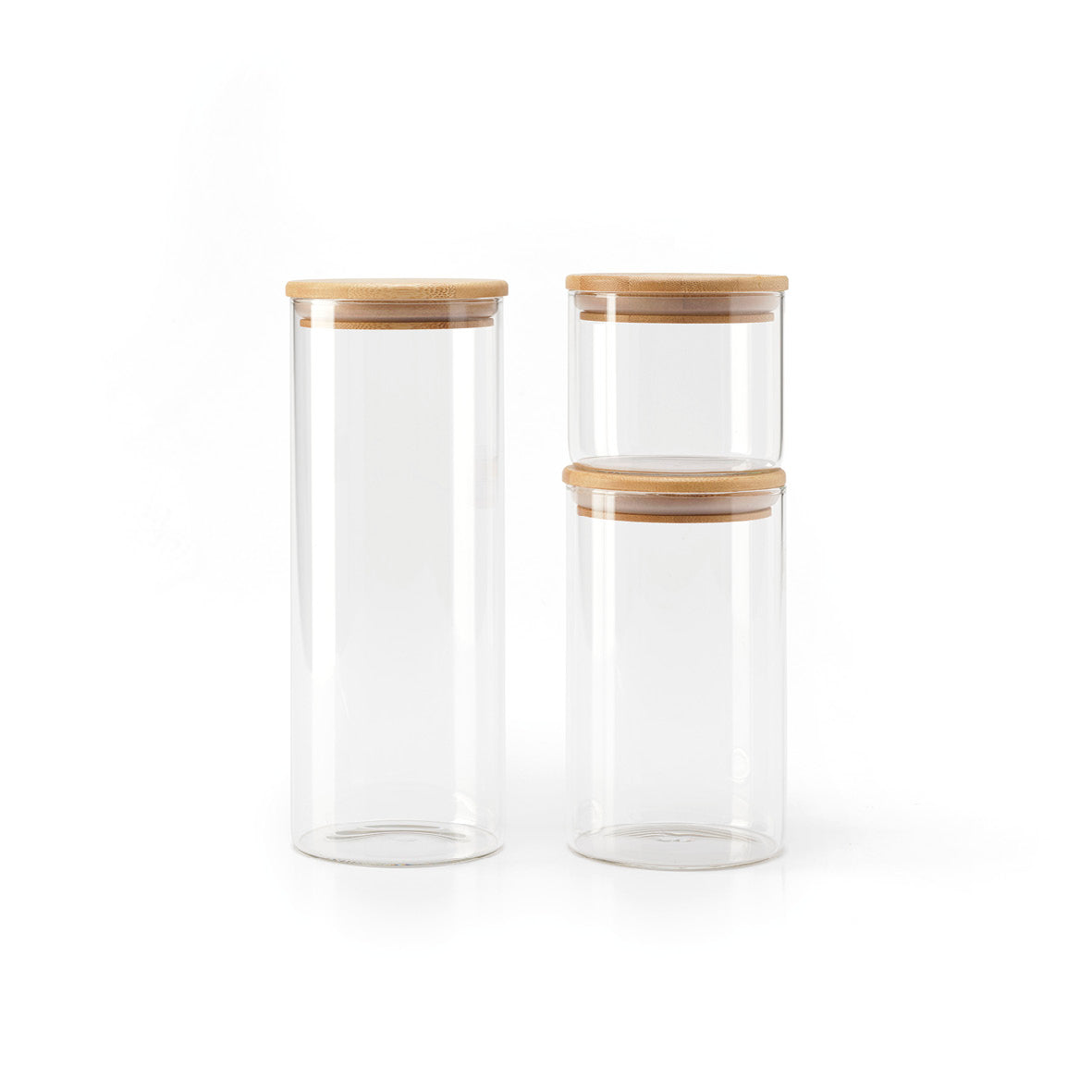 Set of 3 round glass canisters with bamboo lid