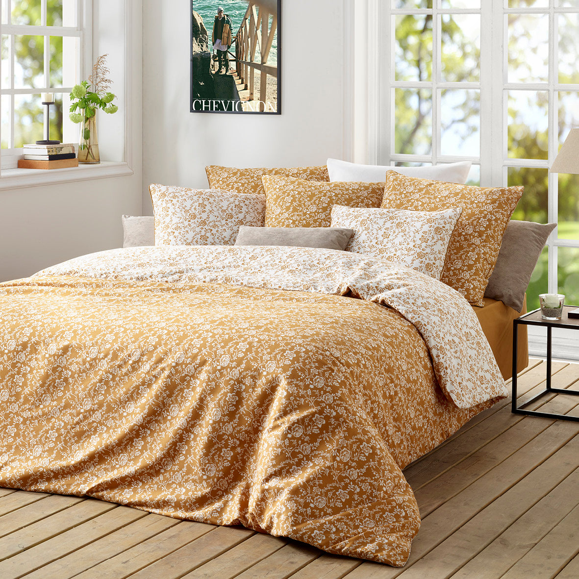 Duvet cover + pillow case percale cotton flowers - Yellow