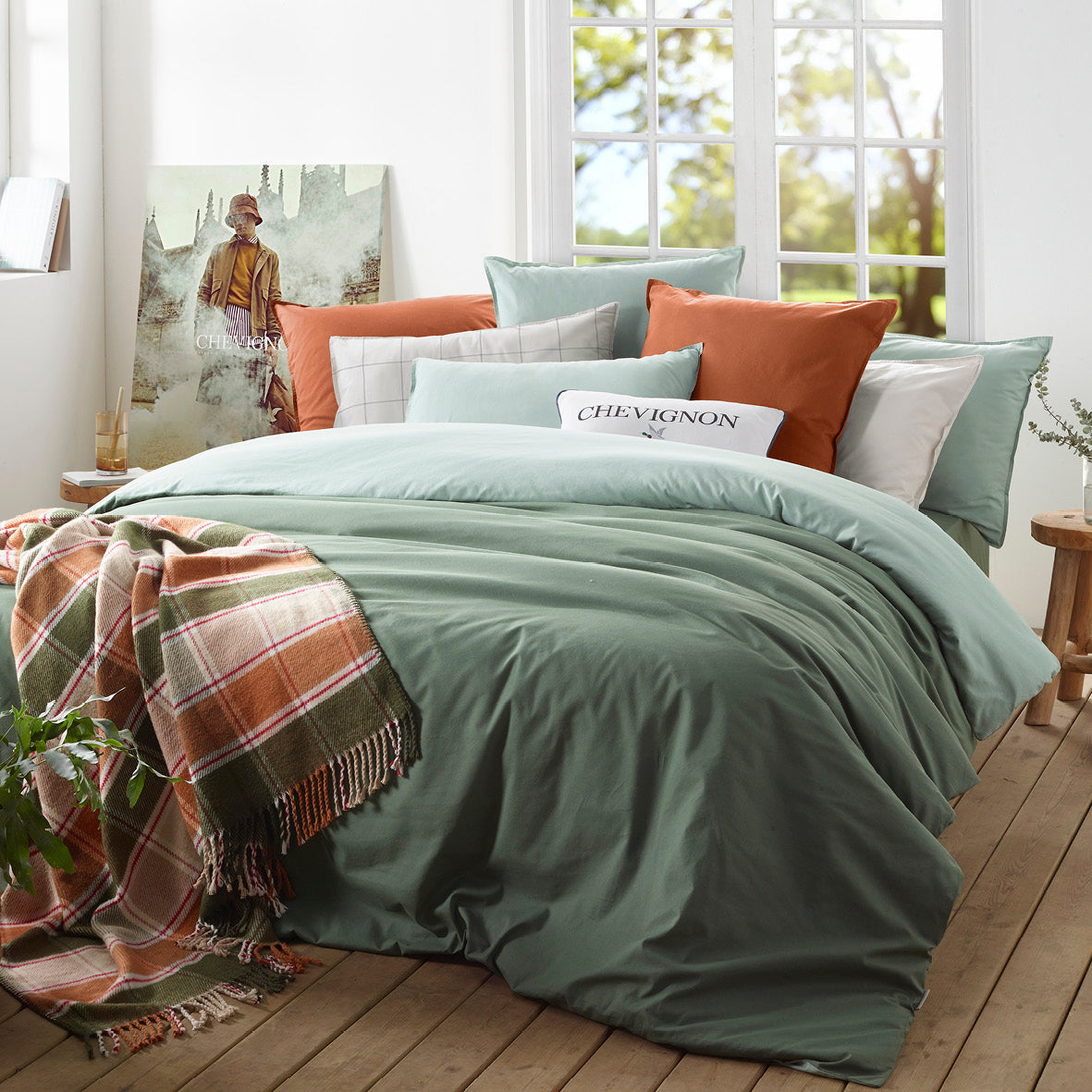 Duvet cover + pillowcase washed cotton - Uni Dark green