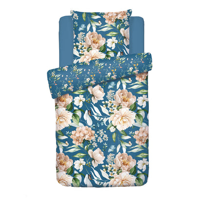 Duvet cover + pillowcase(s) cotton satin - Jardin de Fleurs Blue 140 x 200 cm + 63 x 63 cm