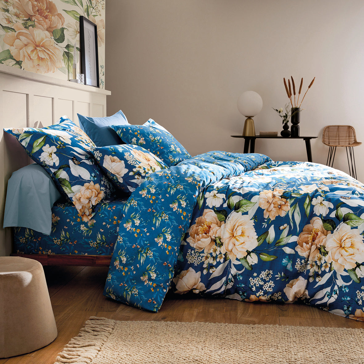 Duvet cover + pillowcase(s) cotton satin - Jardin de Fleurs Blue