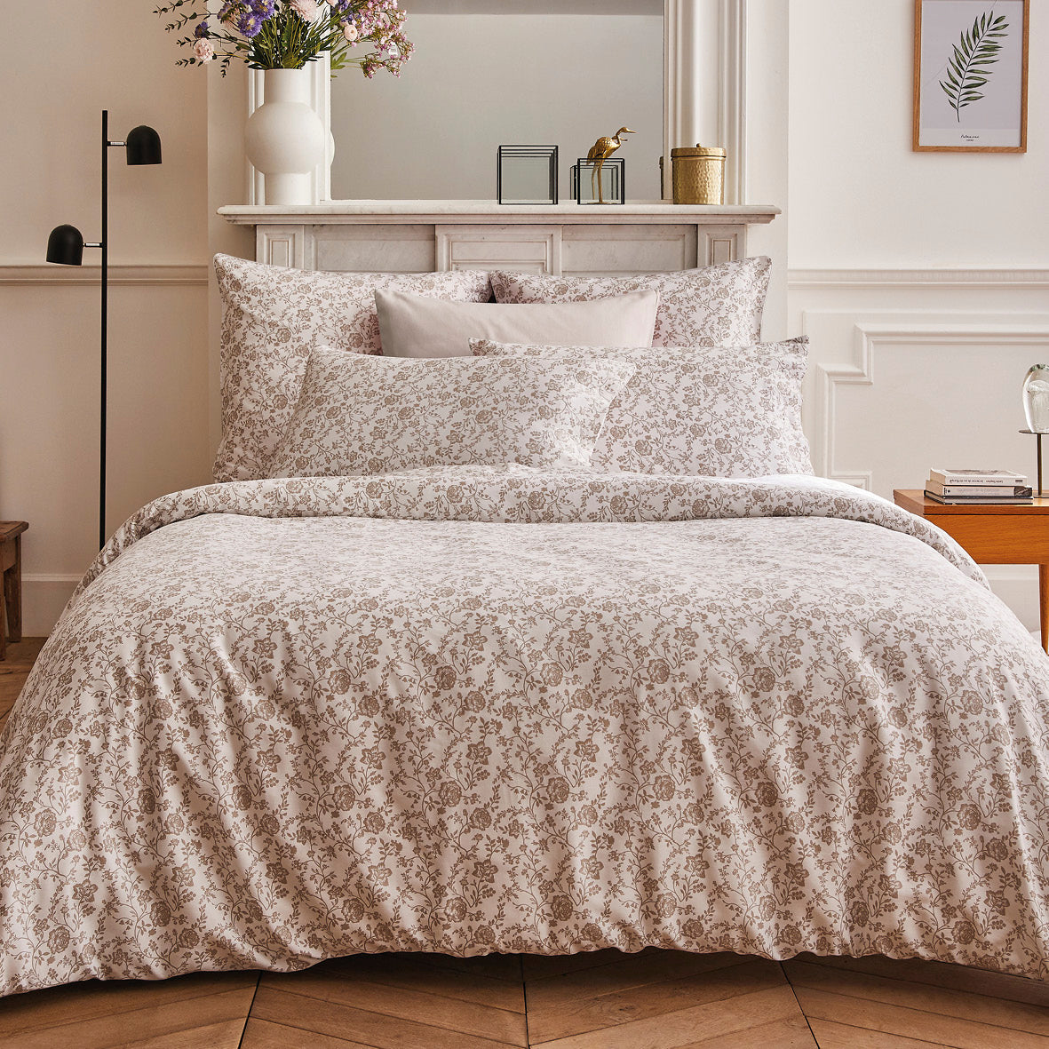 Duvet cover + pillowcase(s) cotton satin - Parterre de Roses white/taupe