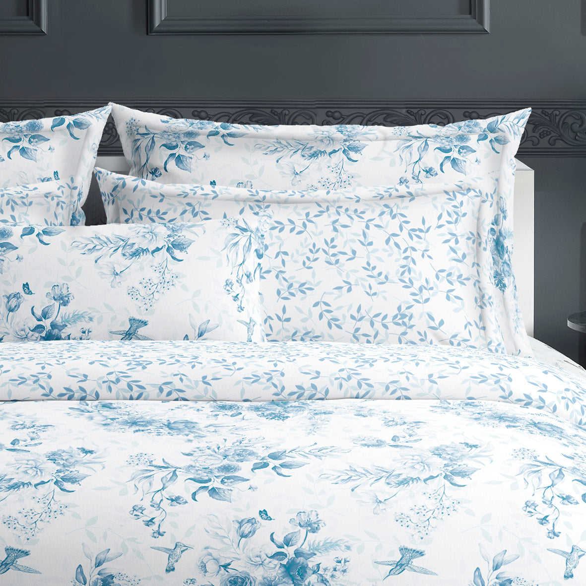 Pillowcases cotton satin - Bleu Floral white