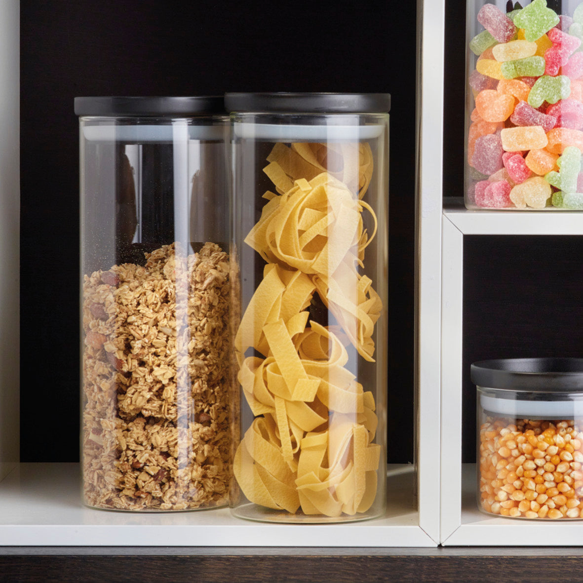 Set of 6 glass jars with plastic lid - transparent and black - 0.5l + 1L + 1.5L